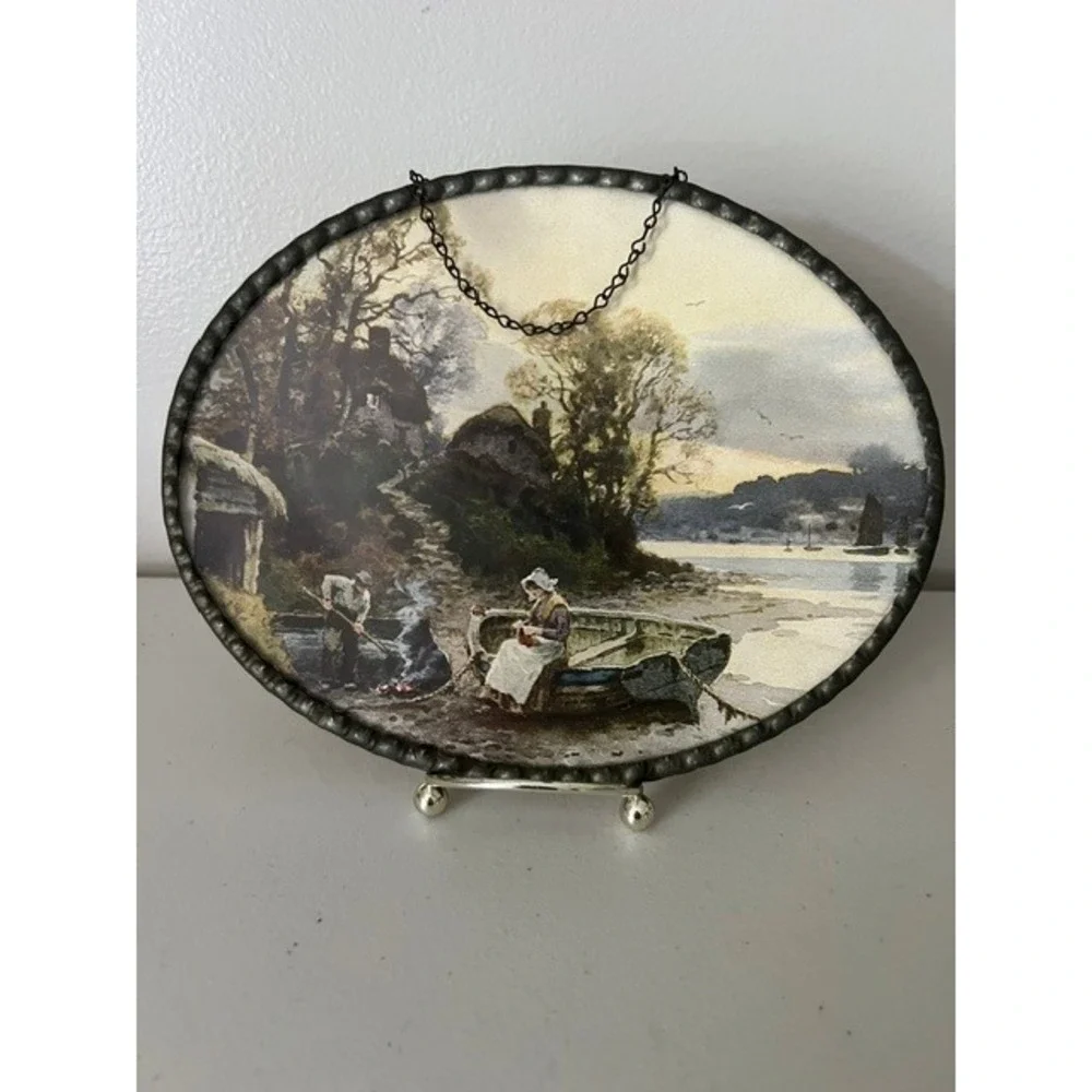 Vintage German Oval Wall Print Scalloped Metal Frame Coastal Village Scene 8x6